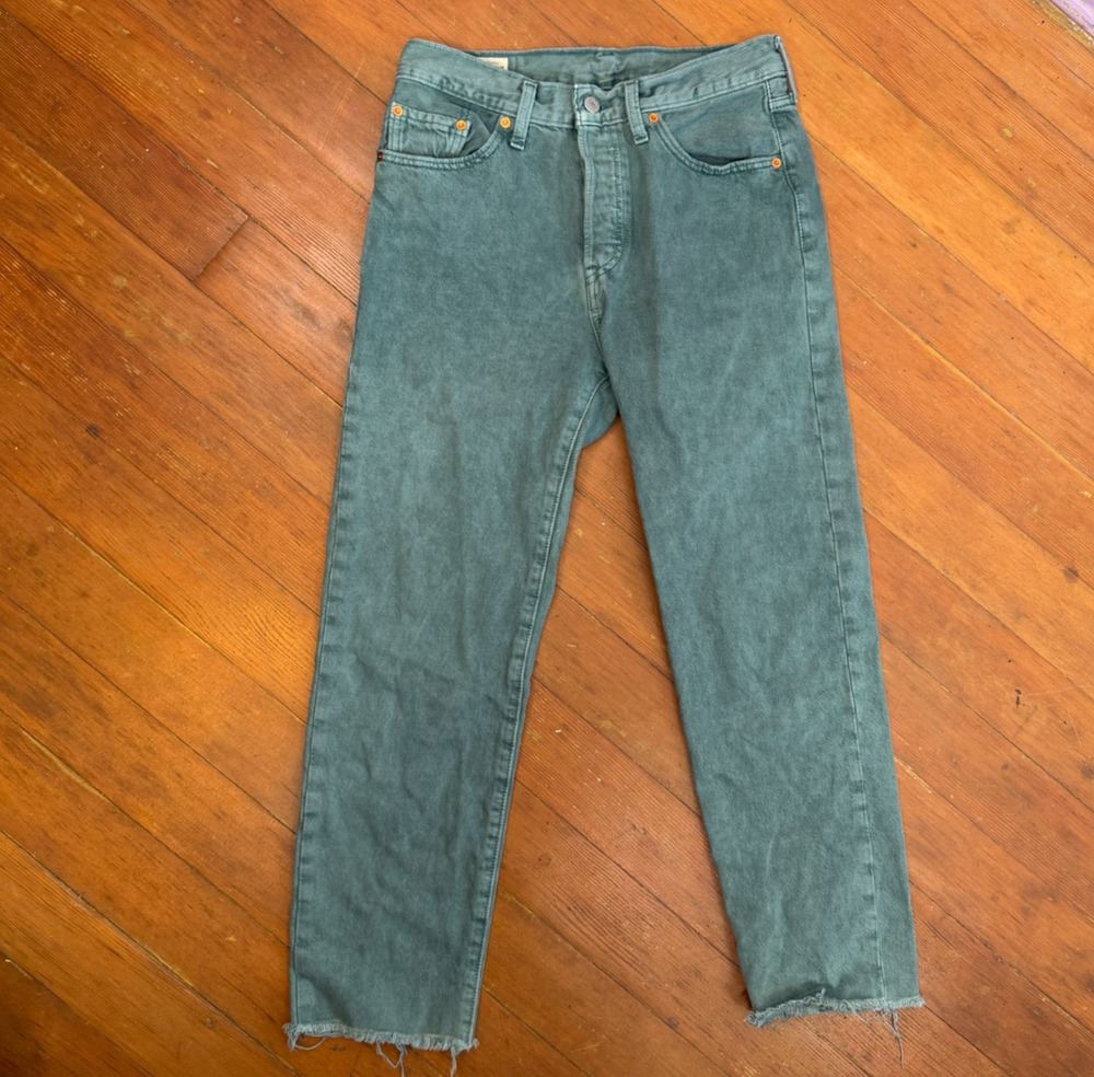 Levi's 501 Original Sage Green Cropped Raw Hem Button Fly Jeans 30
